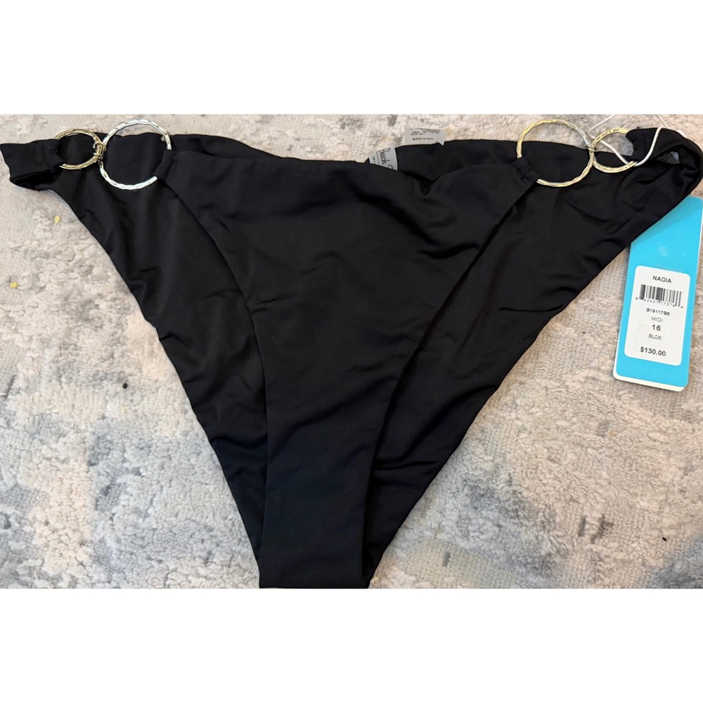 Beach Bunny Nadia Midi Bikini‎ Bottom Black Gold Hardware B19117B6 Size 16 NEW